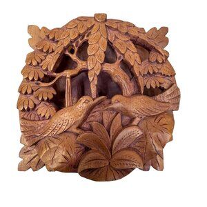 Hand Carved Wood High Relief 3d Bird / Fish Scene Wall Art Decor Balinese 5.5"